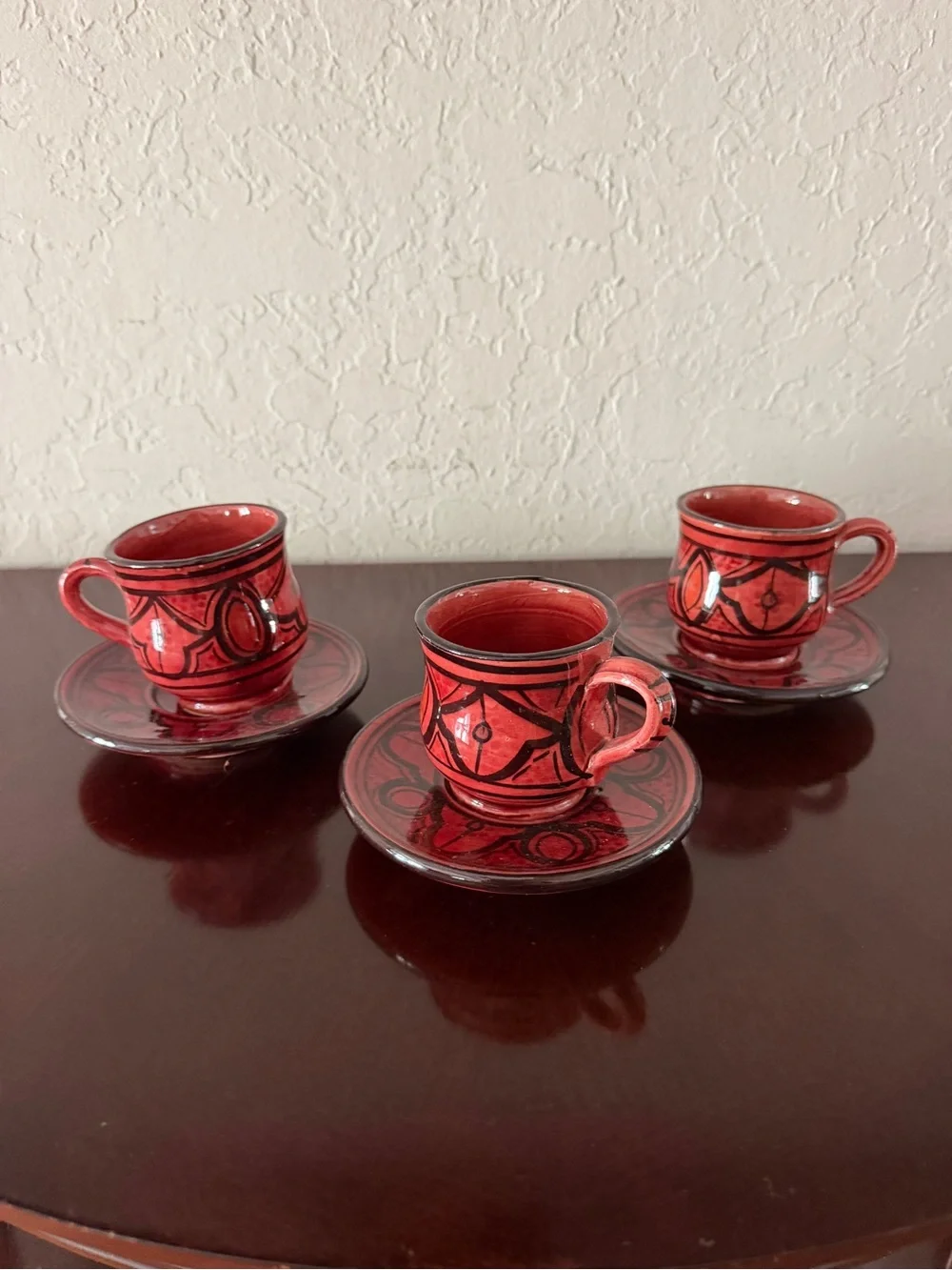 Moroccan Hand Painted Ceramic Espresso Demitasse Cups Saucers Set of 3